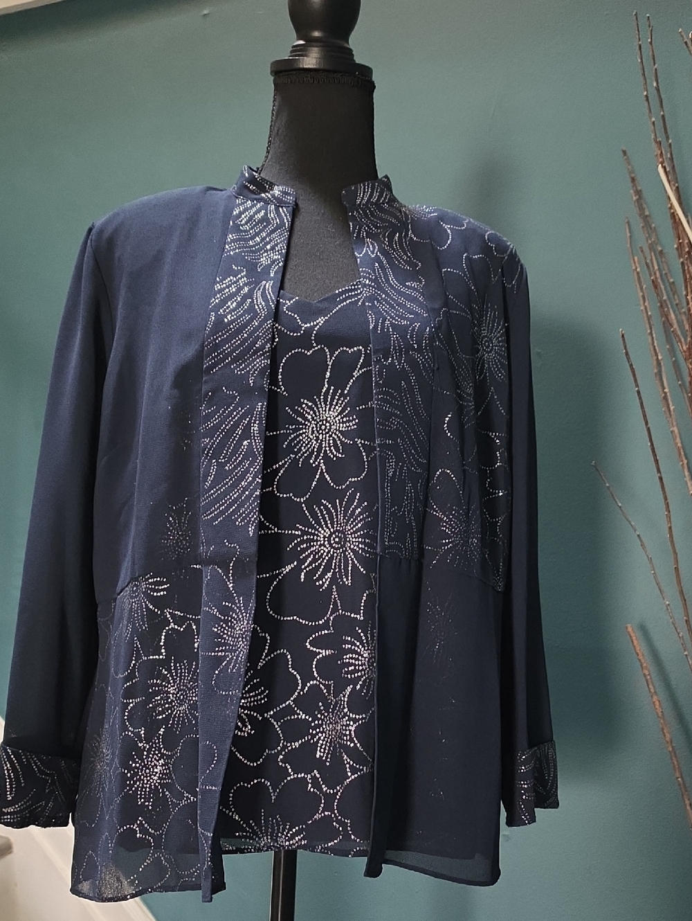 Navy Beaded Floral Jacket and Shell Set - Women